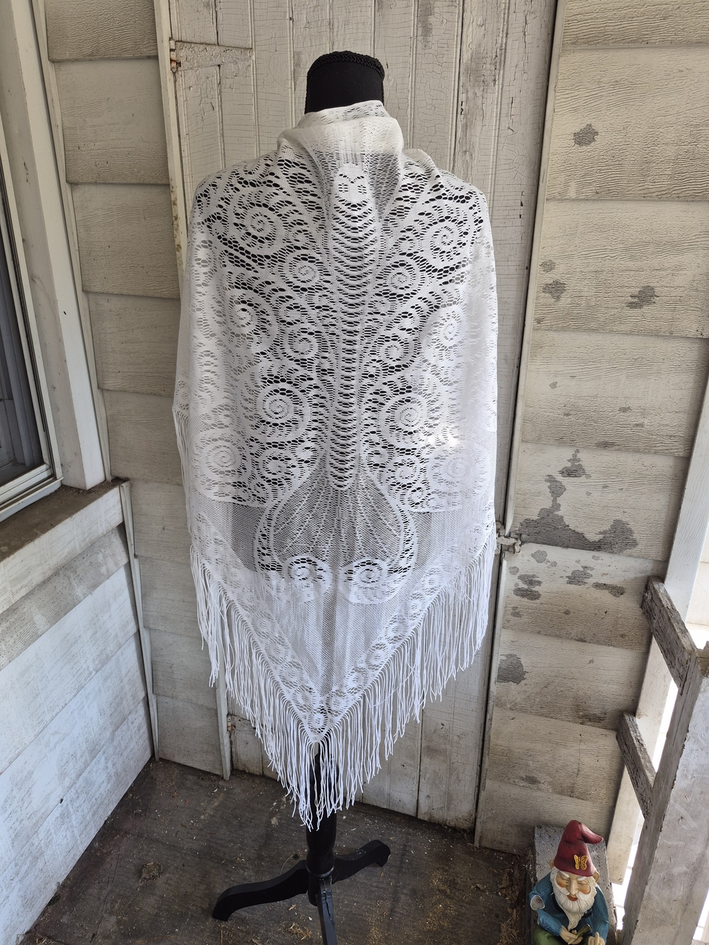 Delicate White Crochet Fringe Shawl
